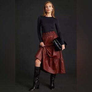 Anthropologie The Somerset Tiered Maxi Skirt: Faux Leather Edition Wine Bordeaux